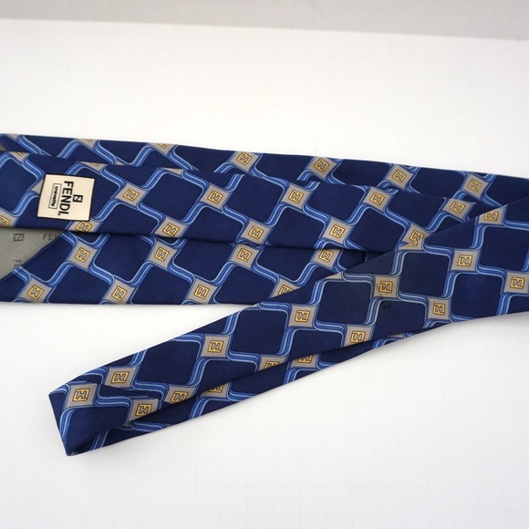 Men's FENDI FF Logo Blue Silk Printed Classic Tie - Picture 3 of 5